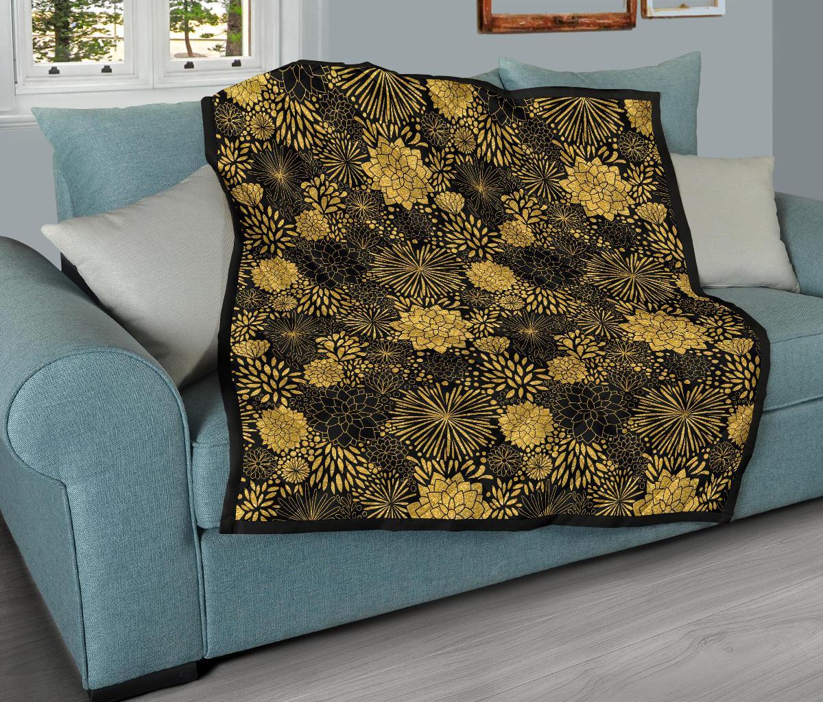 Gold Glitter Floral Pattern Print Quilt-grizzshop