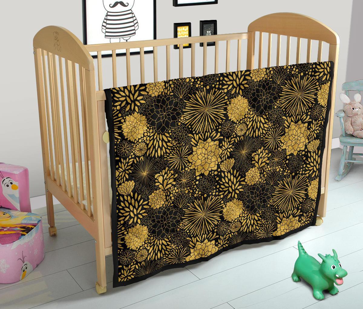 Gold Glitter Floral Pattern Print Quilt-grizzshop