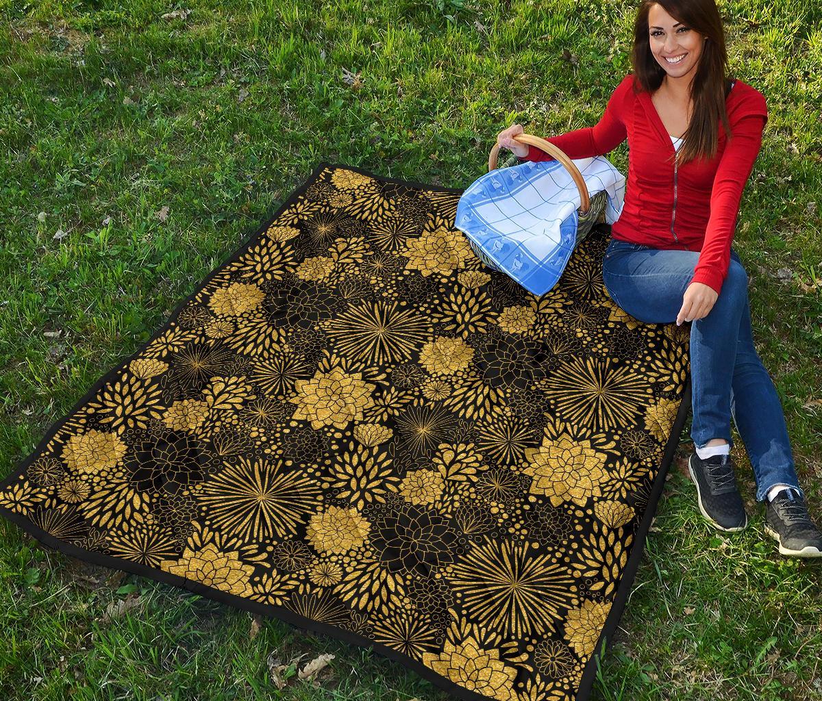 Gold Glitter Floral Pattern Print Quilt-grizzshop