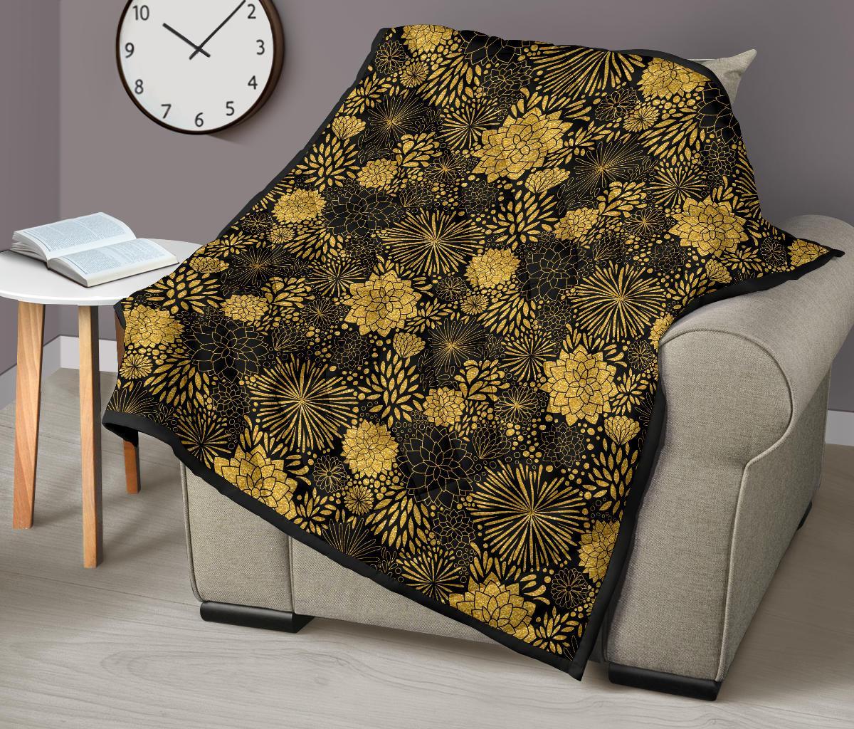 Gold Glitter Floral Pattern Print Quilt-grizzshop