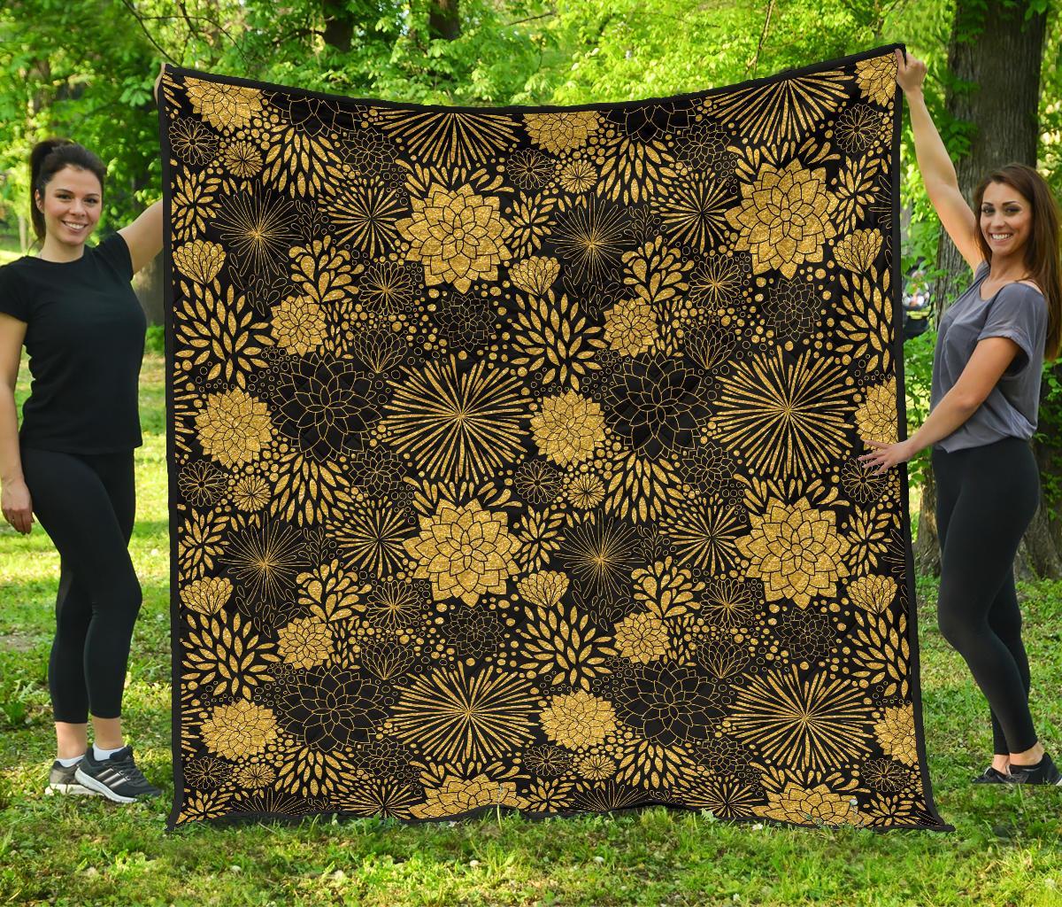 Gold Glitter Floral Pattern Print Quilt-grizzshop