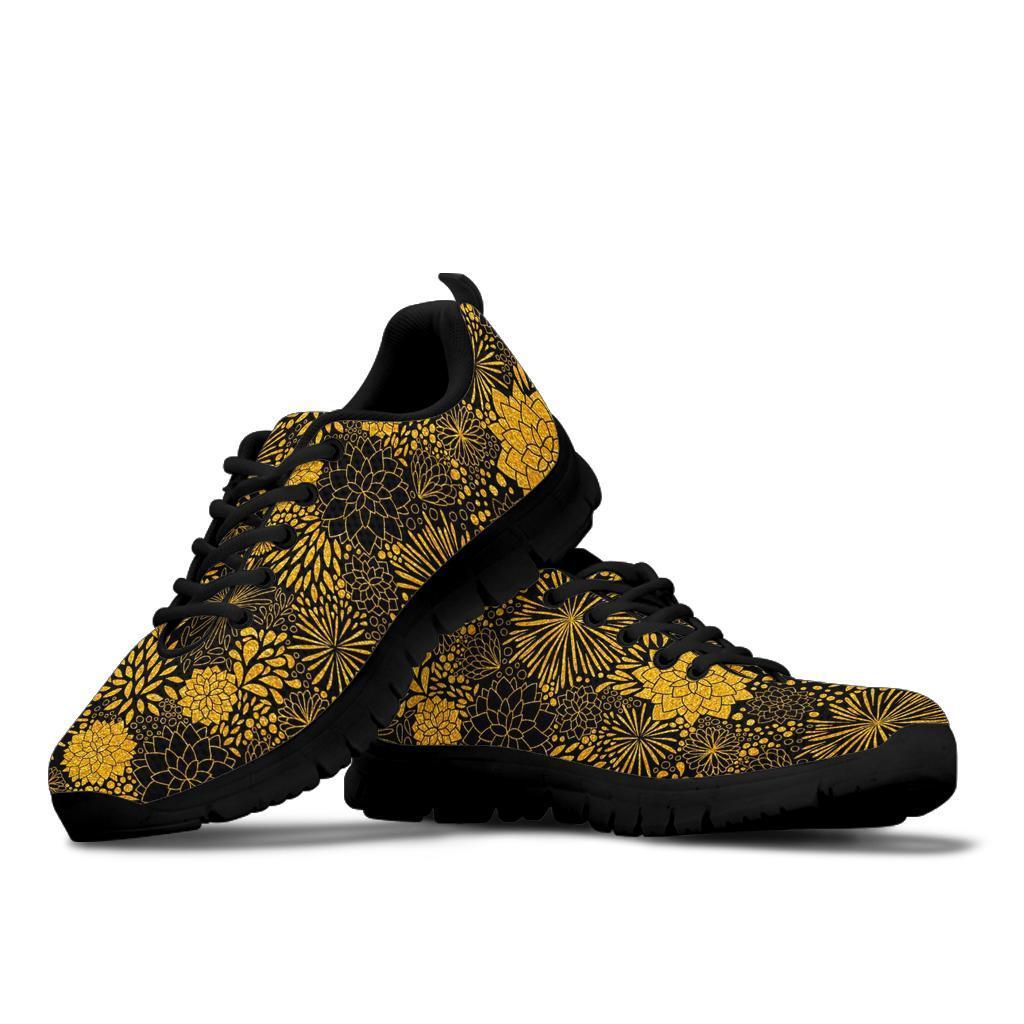 Gold Glitter Floral Pattern Print Sneaker Shoes For Men Women-grizzshop