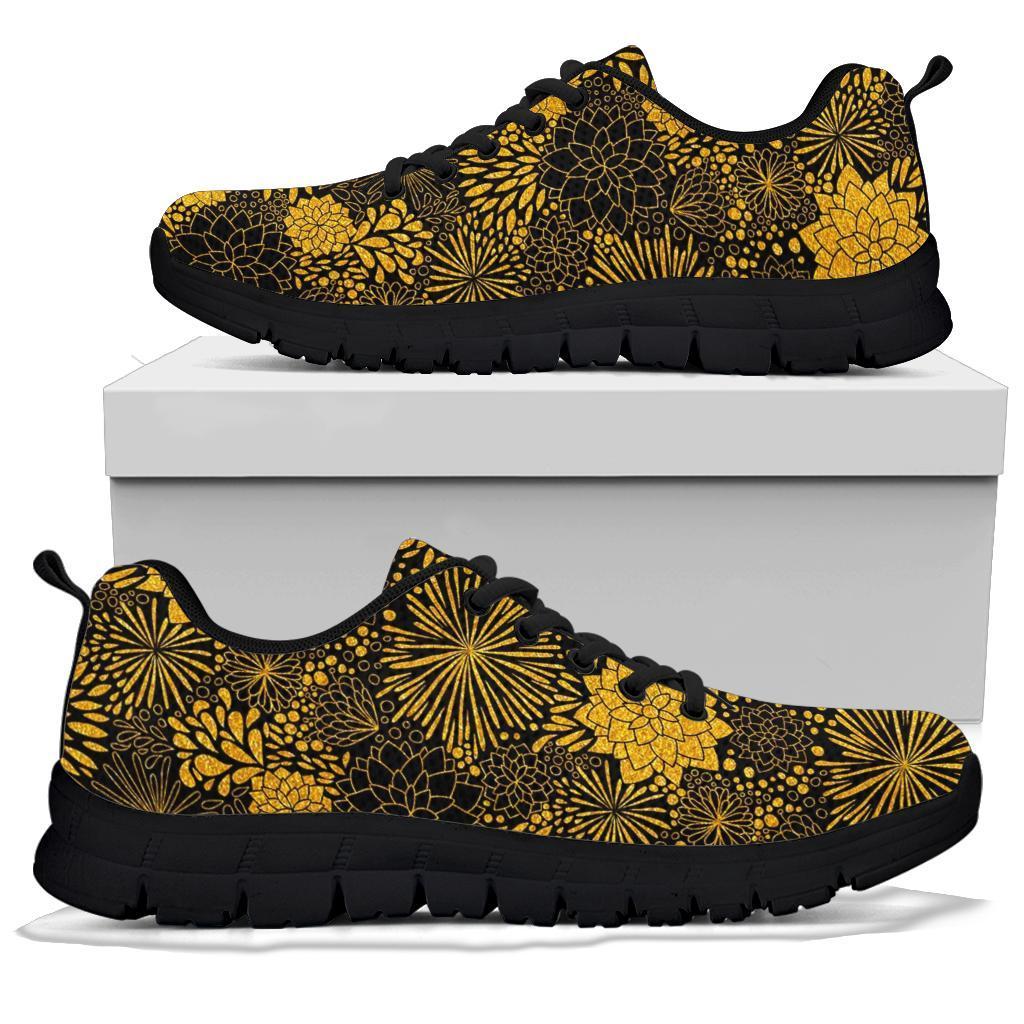 Gold Glitter Floral Pattern Print Sneaker Shoes For Men Women-grizzshop