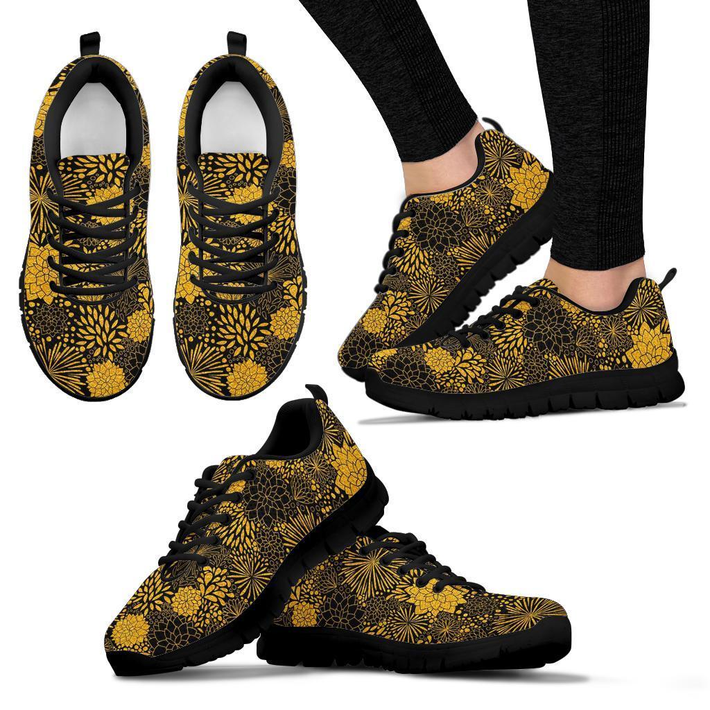 Gold Glitter Floral Pattern Print Sneaker Shoes For Men Women-grizzshop