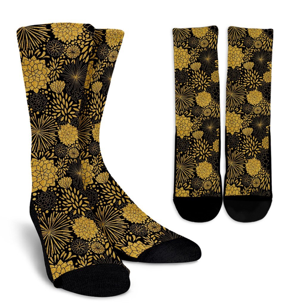 Gold Glitter Floral Pattern Print Unisex Crew Socks-grizzshop