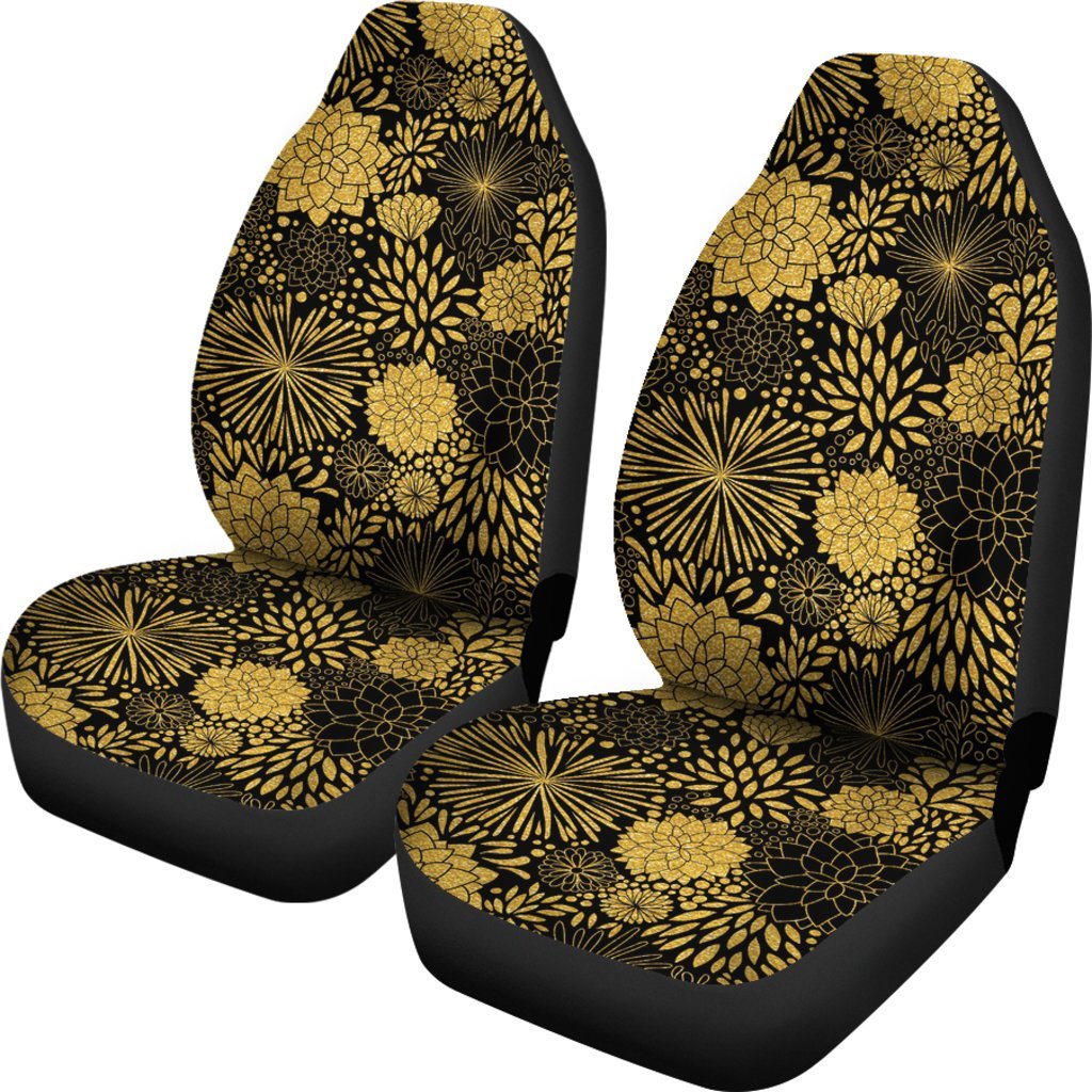 Gold Glitter Floral Pattern Print Universal Fit Car Seat Covers-grizzshop