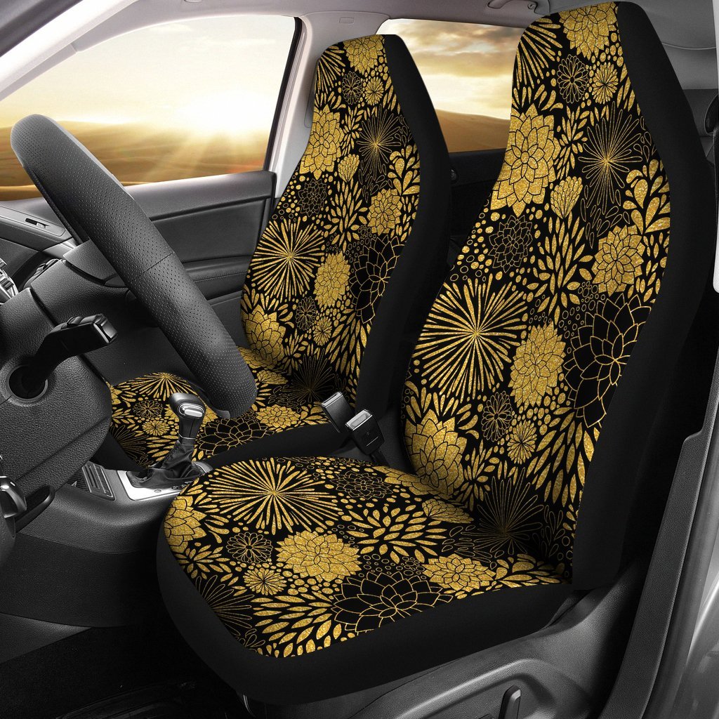 Gold Glitter Floral Pattern Print Universal Fit Car Seat Covers-grizzshop