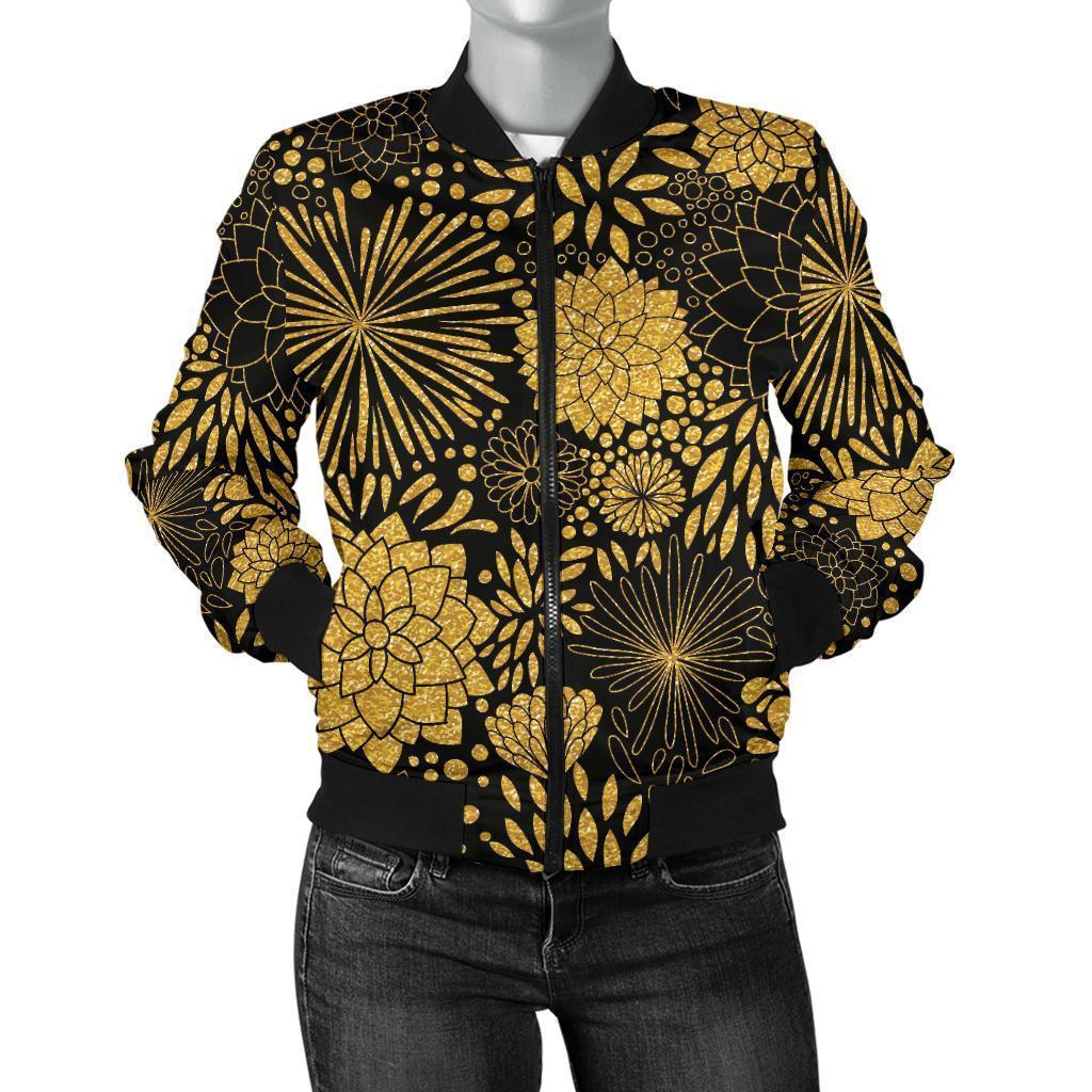 Gold Glitter Floral Pattern Print Women Casual Bomber Jacket-grizzshop