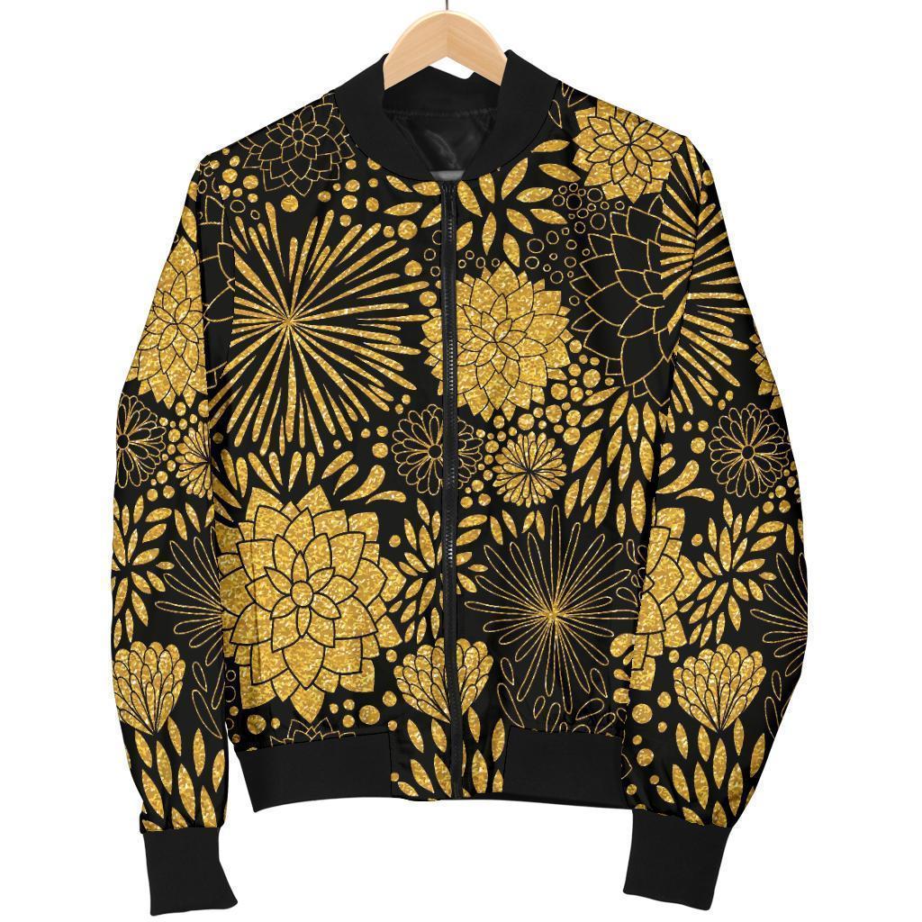 Gold Glitter Floral Pattern Print Women Casual Bomber Jacket-grizzshop