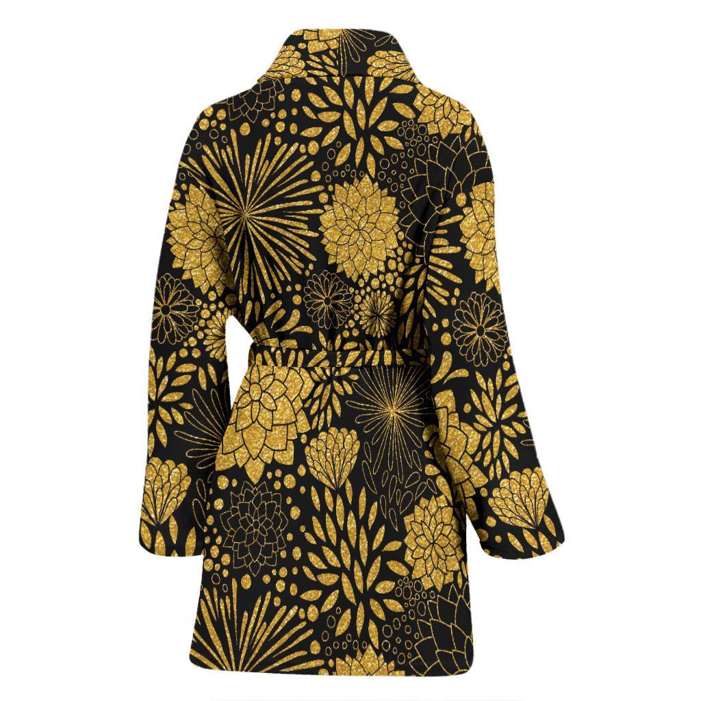 Gold Glitter Floral Pattern Print Women Long Robe-grizzshop