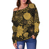 Gold Glitter Floral Pattern Print Women Off Shoulder Sweatshirt-grizzshop