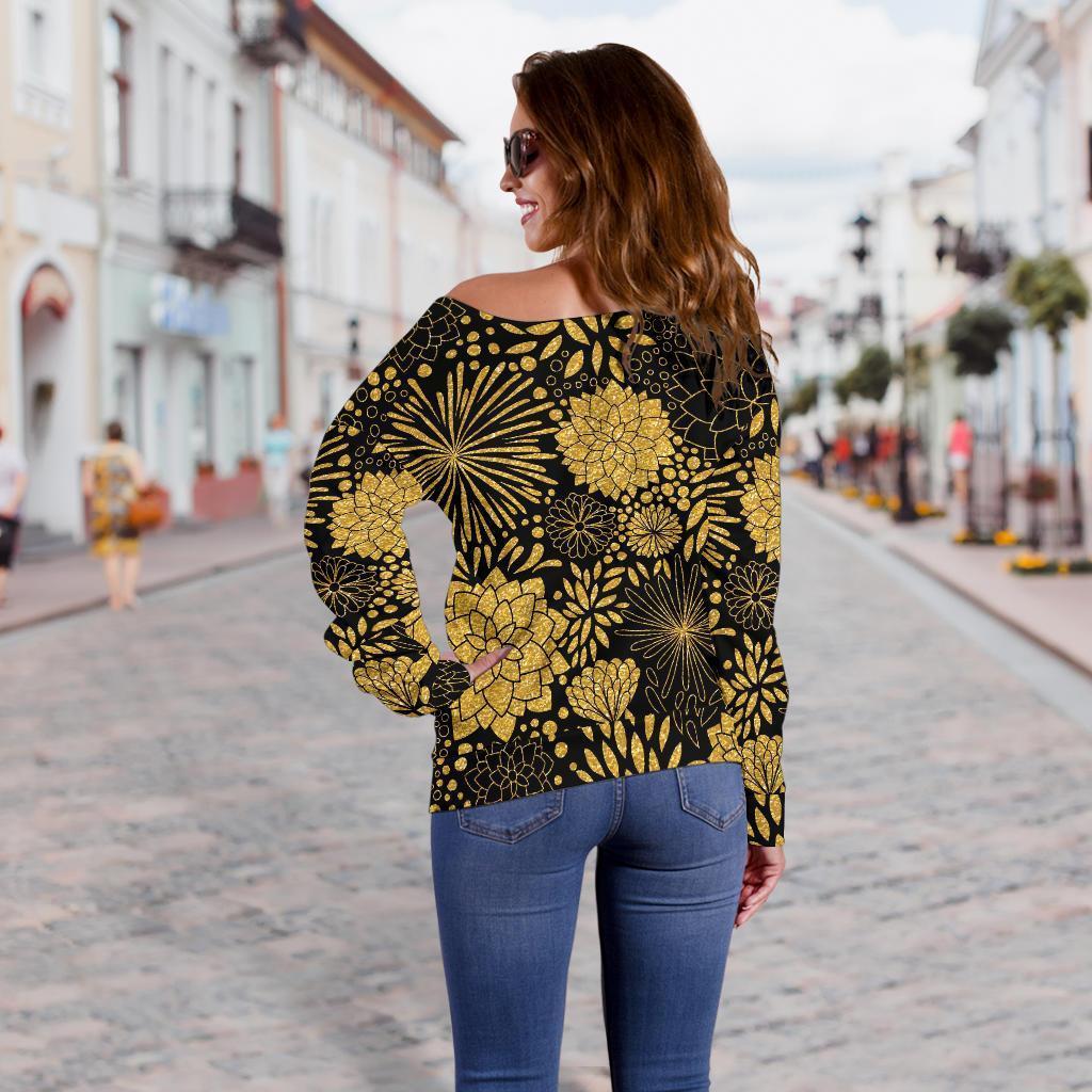 Gold Glitter Floral Pattern Print Women Off Shoulder Sweatshirt-grizzshop