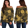 Gold Glitter Floral Pattern Print Women Off Shoulder Sweatshirt-grizzshop