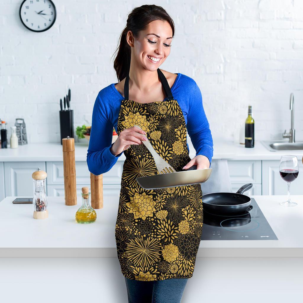 Gold Glitter Floral Pattern Print Women's Apron-grizzshop