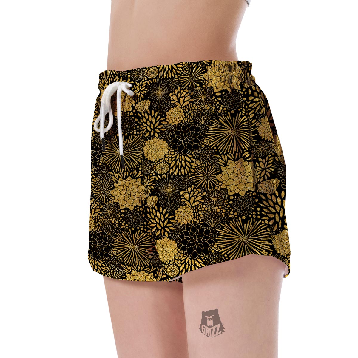 Gold Glitter Floral Pattern Print Women's Shorts-grizzshop