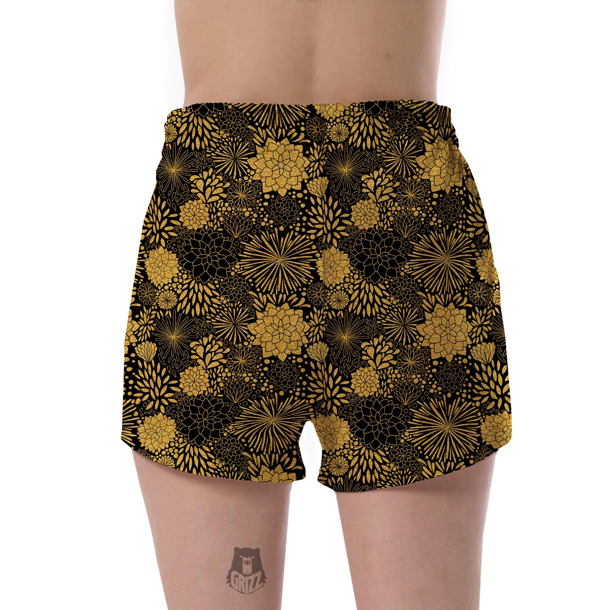 Gold Glitter Floral Pattern Print Women's Shorts-grizzshop