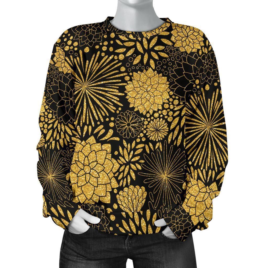 Gold Glitter Floral Pattern Print Women's Sweatshirt-grizzshop