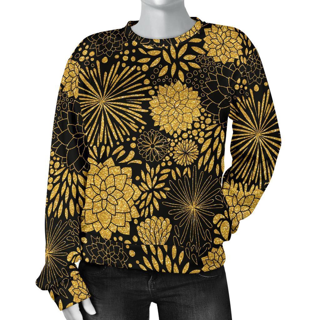 Gold Glitter Floral Pattern Print Women's Sweatshirt-grizzshop