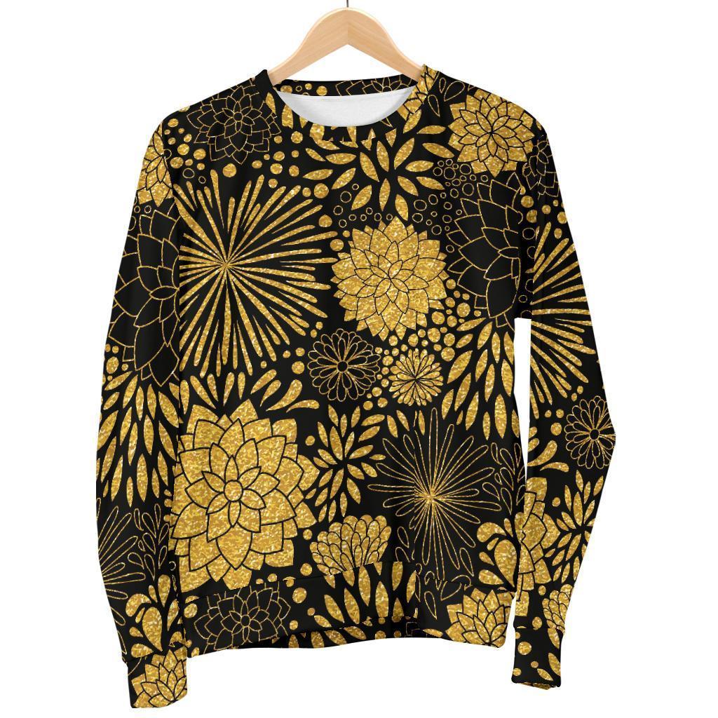 Gold Glitter Floral Pattern Print Women's Sweatshirt-grizzshop