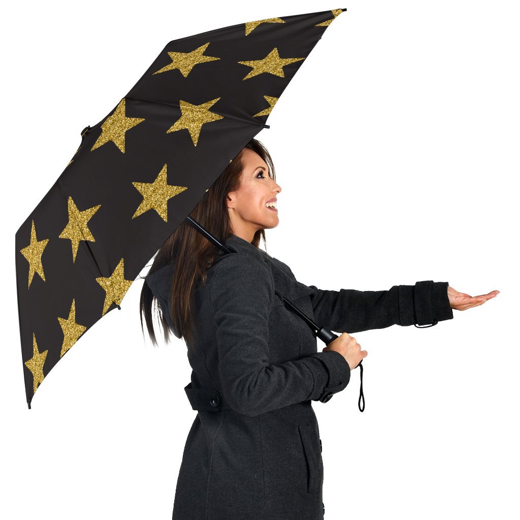Gold Glitter Star Pattern Print Automatic Foldable Umbrella-grizzshop