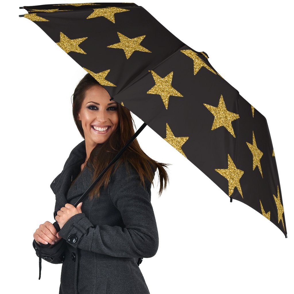Gold Glitter Star Pattern Print Automatic Foldable Umbrella-grizzshop