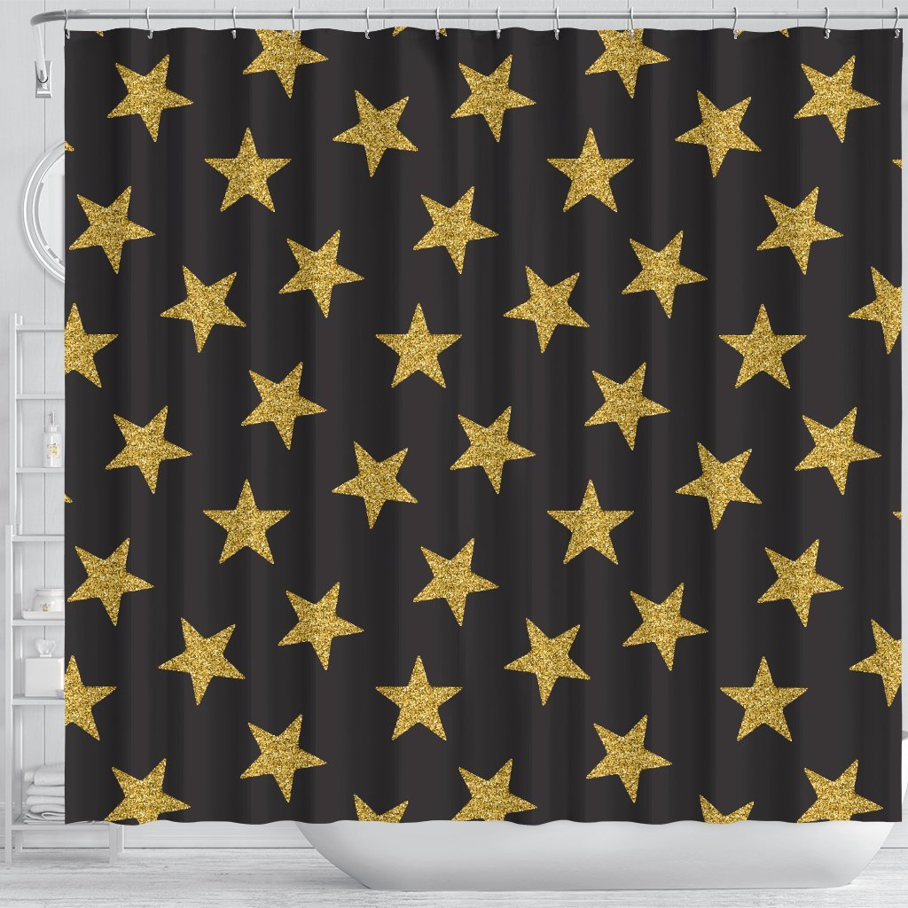 Gold Glitter Star Pattern Print Bathroom Shower Curtain-grizzshop