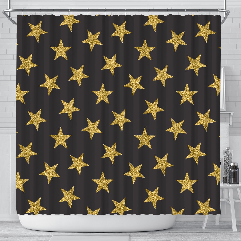 Gold Glitter Star Pattern Print Bathroom Shower Curtain-grizzshop