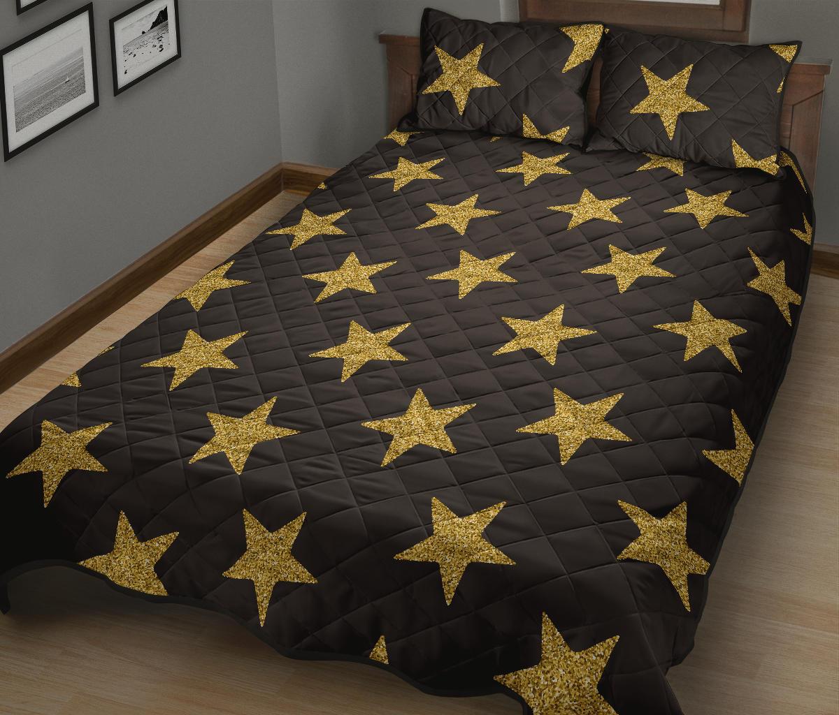 Gold Glitter Star Pattern Print Bed Set Quilt-grizzshop