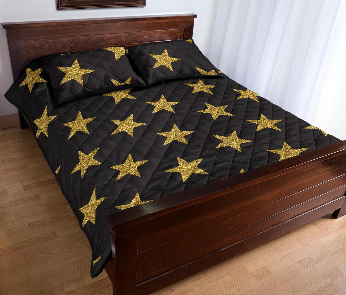 Gold Glitter Star Pattern Print Bed Set Quilt-grizzshop