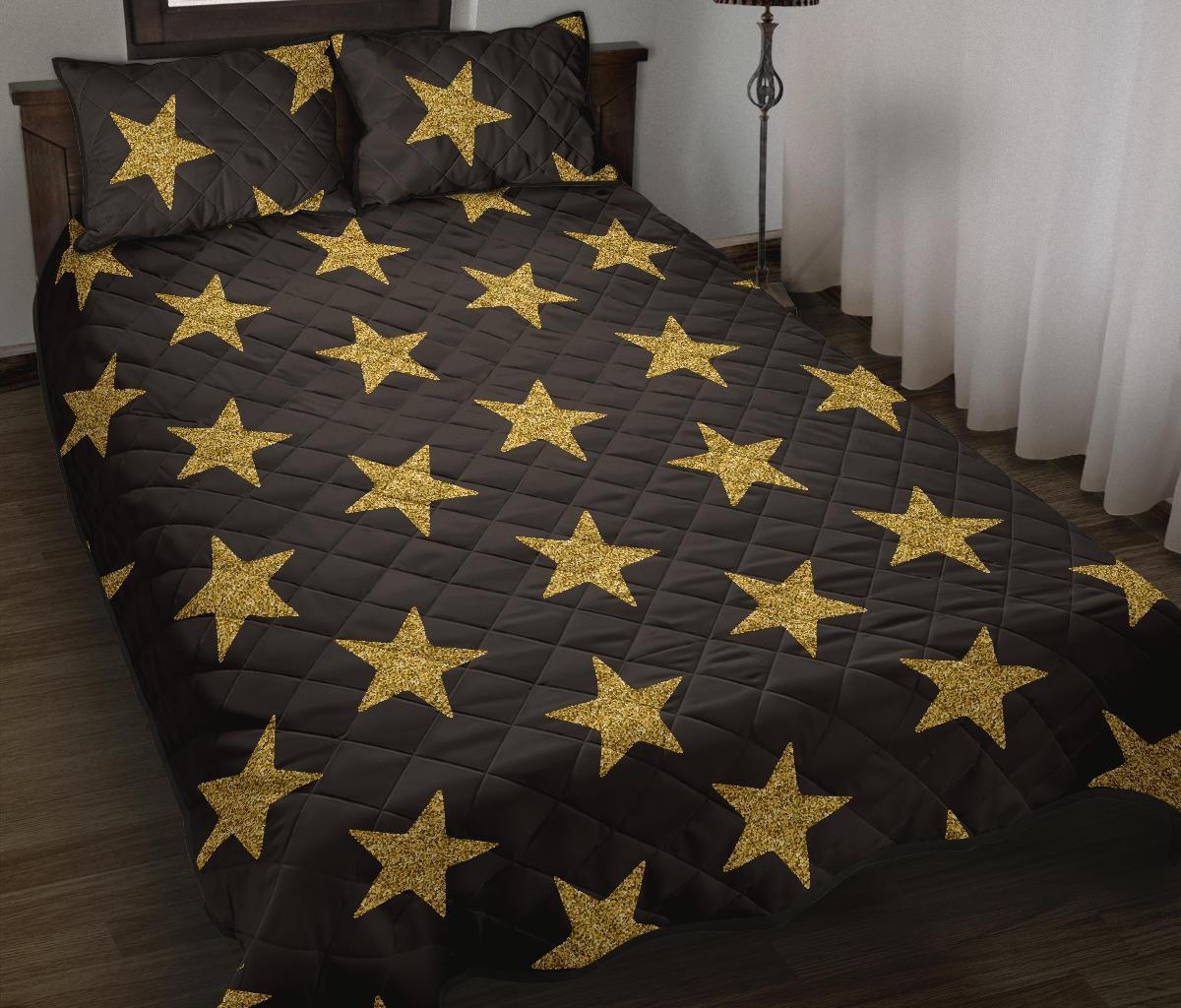 Gold Glitter Star Pattern Print Bed Set Quilt-grizzshop