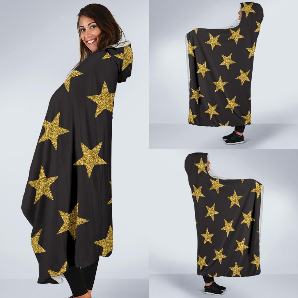 Gold Glitter Star Pattern Print Hooded Blanket-grizzshop