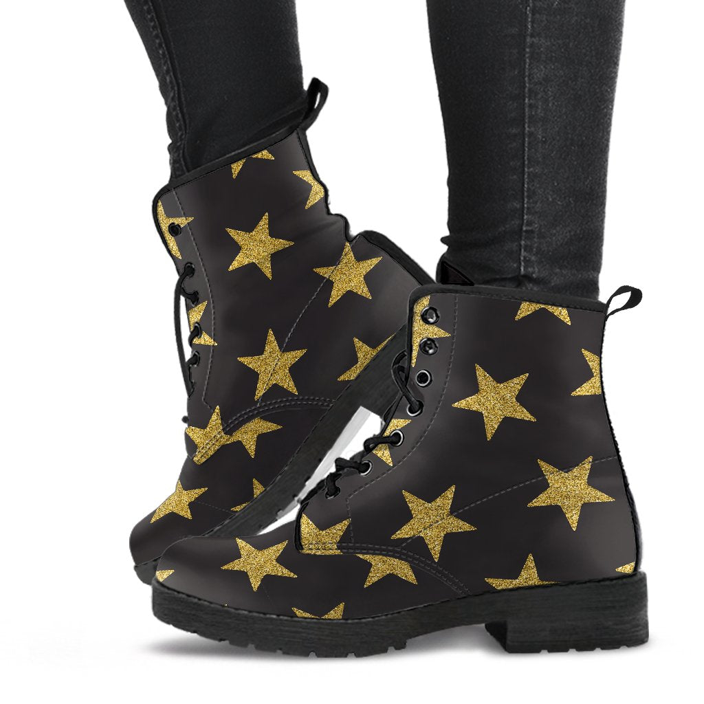 Gold Glitter Star Pattern Print Men Women Leather Boots-grizzshop