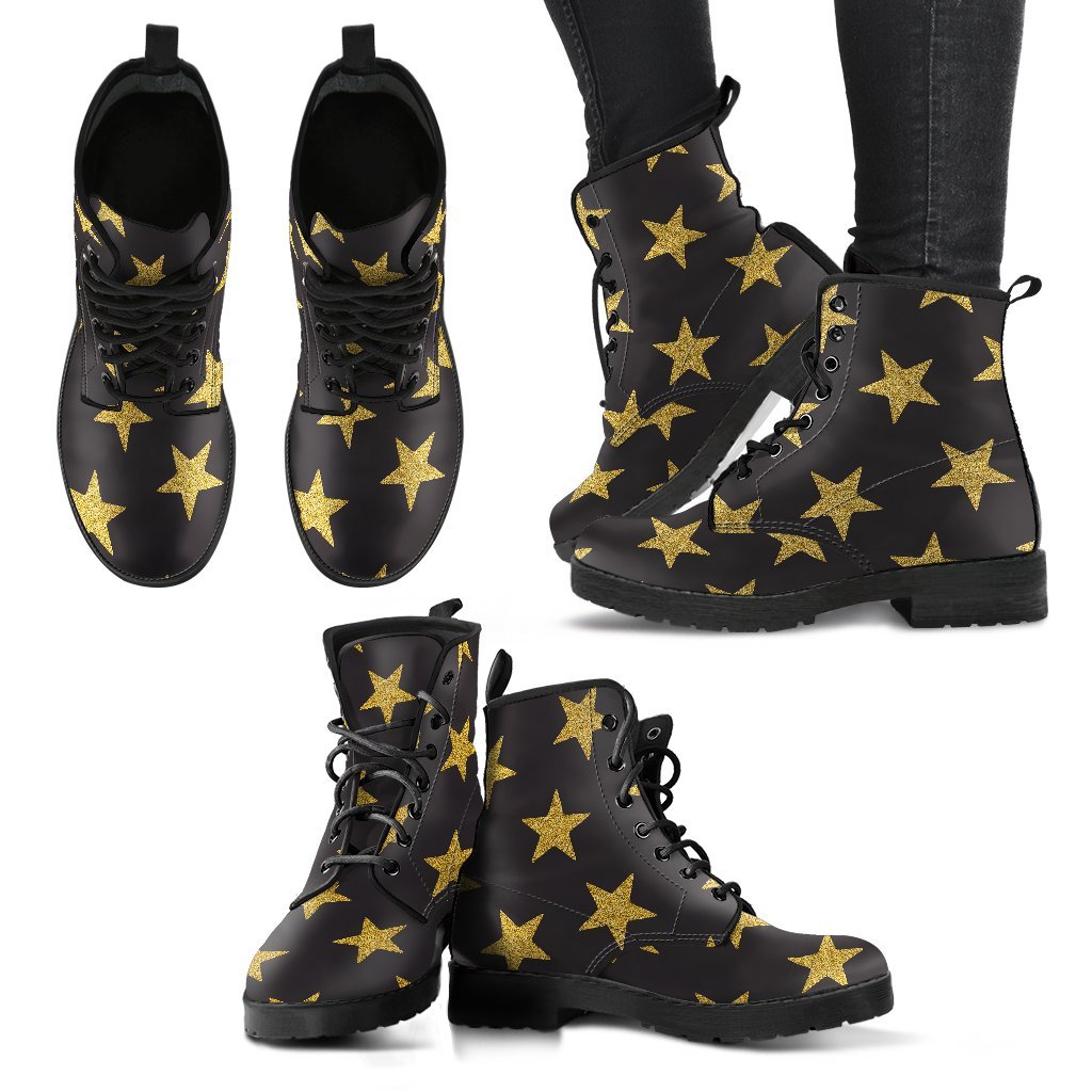Gold Glitter Star Pattern Print Men Women Leather Boots-grizzshop