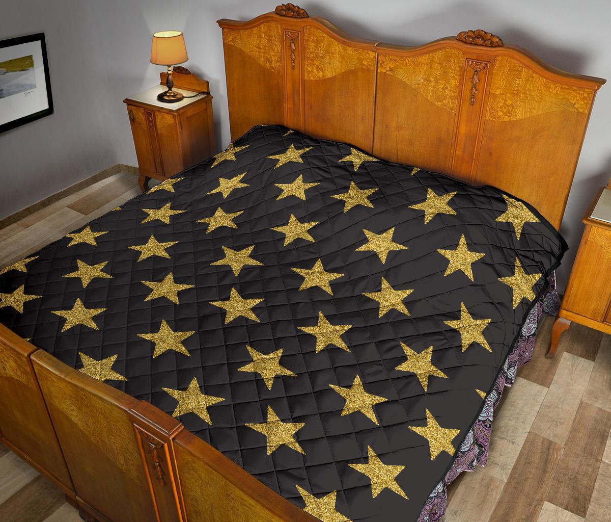 Gold Glitter Star Pattern Print Quilt-grizzshop