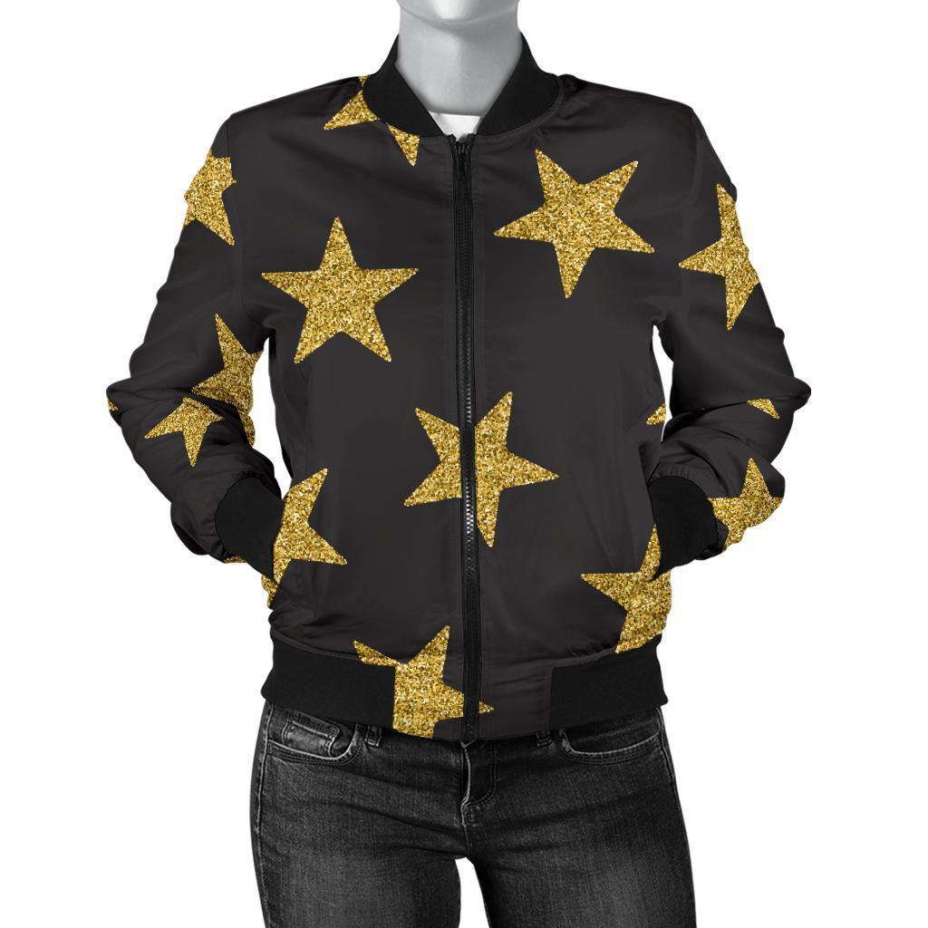 Gold Glitter Star Pattern Print Women Casual Bomber Jacket-grizzshop