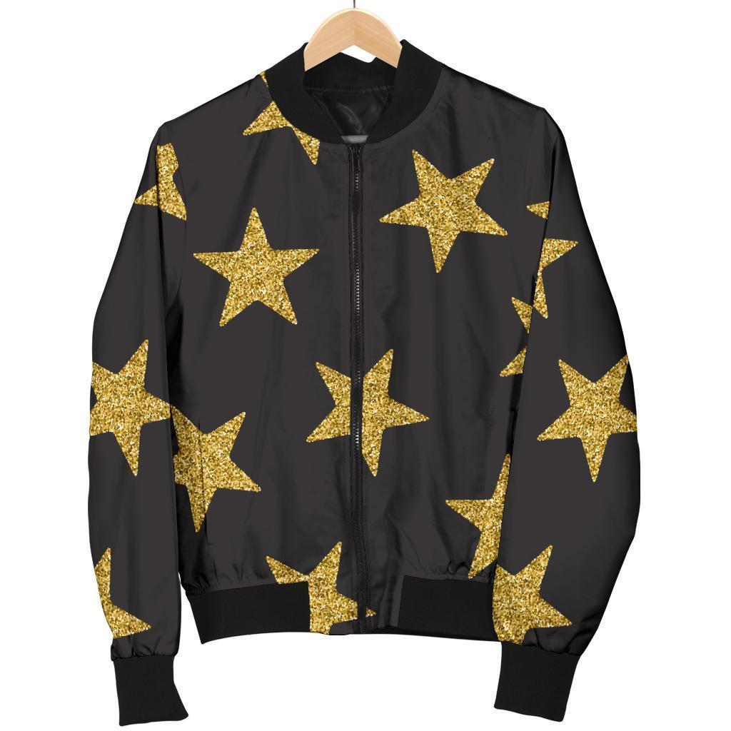 Gold Glitter Star Pattern Print Women Casual Bomber Jacket-grizzshop