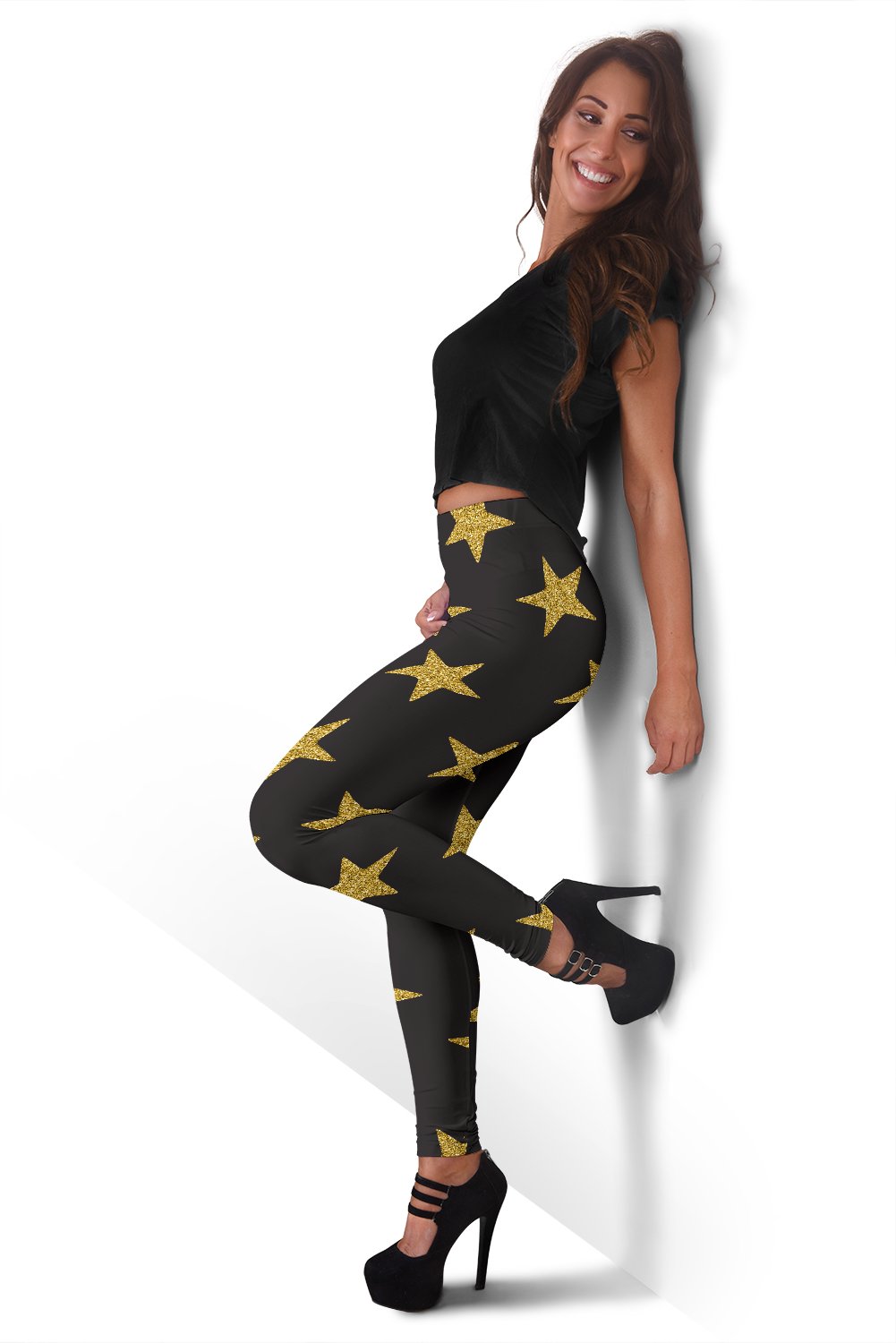 Gold Glitter Star Pattern Print Women Leggings-grizzshop