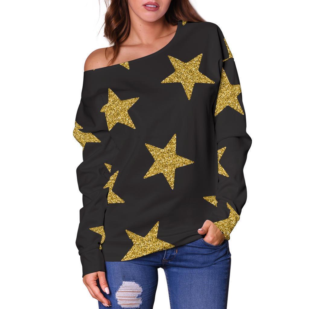 Gold Glitter Star Pattern Print Women Off Shoulder Sweatshirt-grizzshop