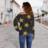 Gold Glitter Star Pattern Print Women Off Shoulder Sweatshirt-grizzshop