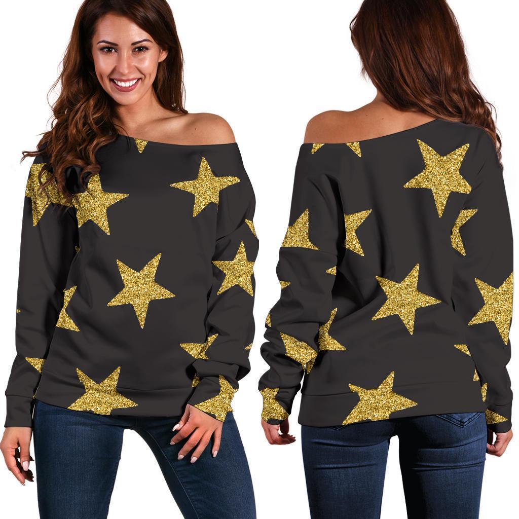 Gold Glitter Star Pattern Print Women Off Shoulder Sweatshirt-grizzshop