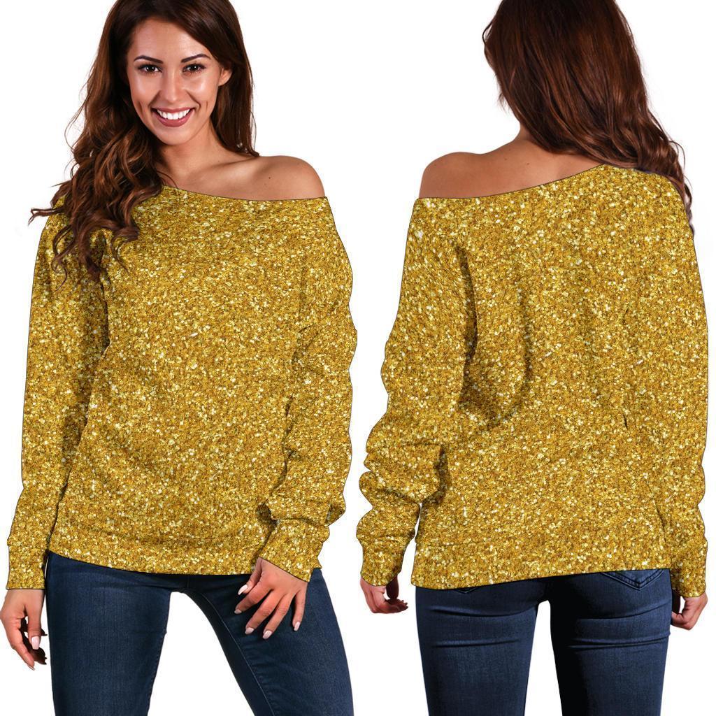 Gold Glitter Star Print Pattern Women Off Shoulder Sweatshirt-grizzshop