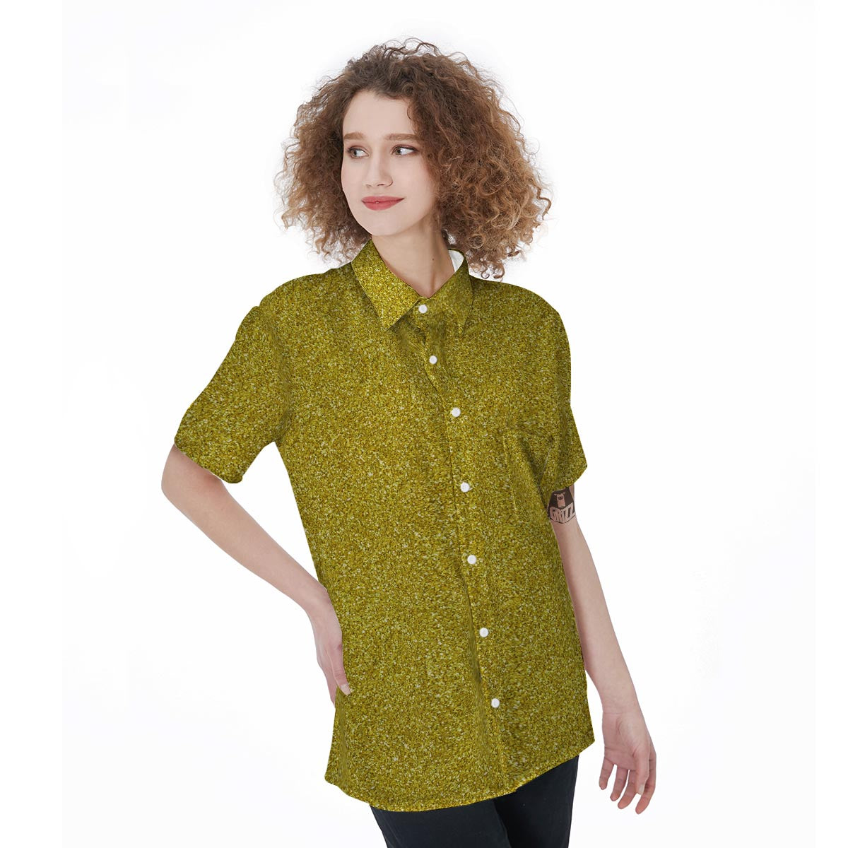 Gold Glitter Texture Print Women's Short Sleeve Shirts-grizzshop