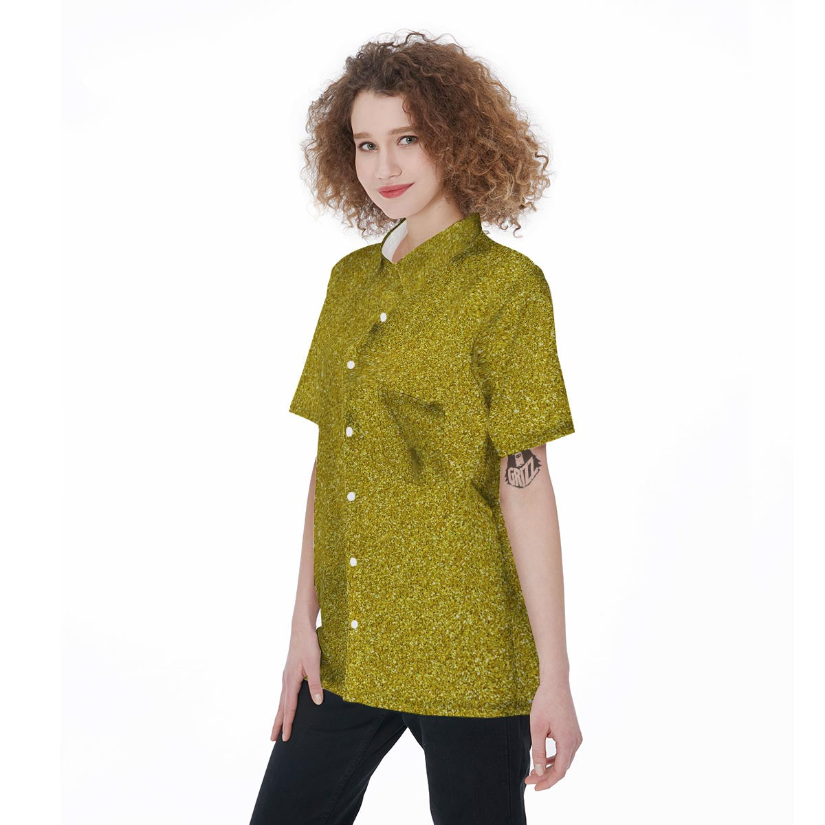 Gold Glitter Texture Print Women's Short Sleeve Shirts-grizzshop
