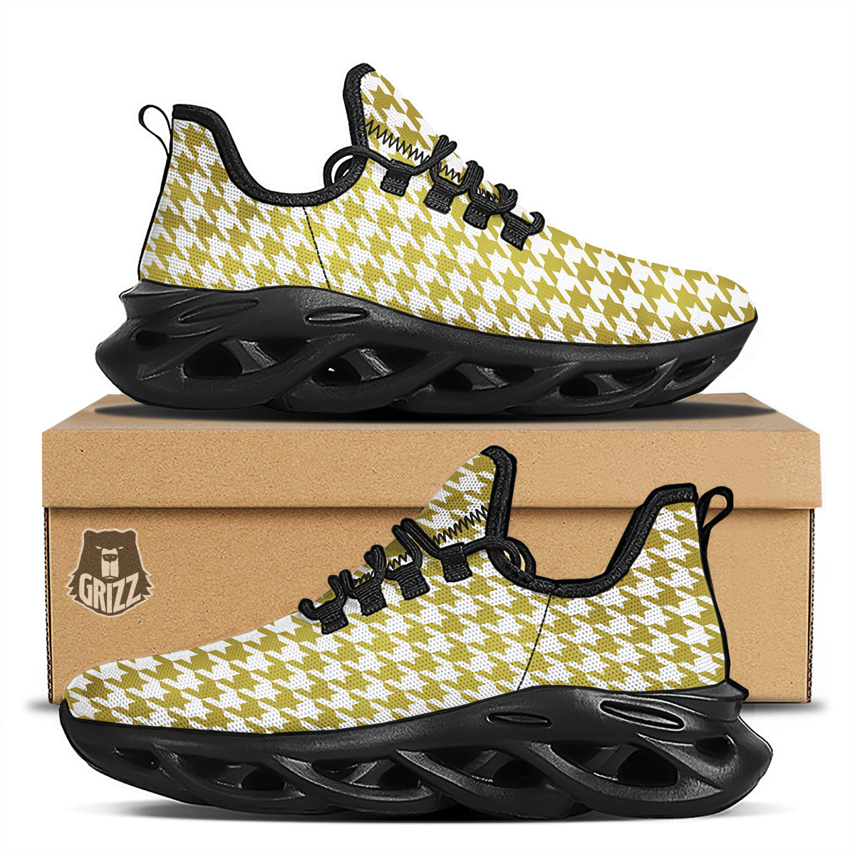 Gold Houndstooth Print Black Running Shoes-grizzshop