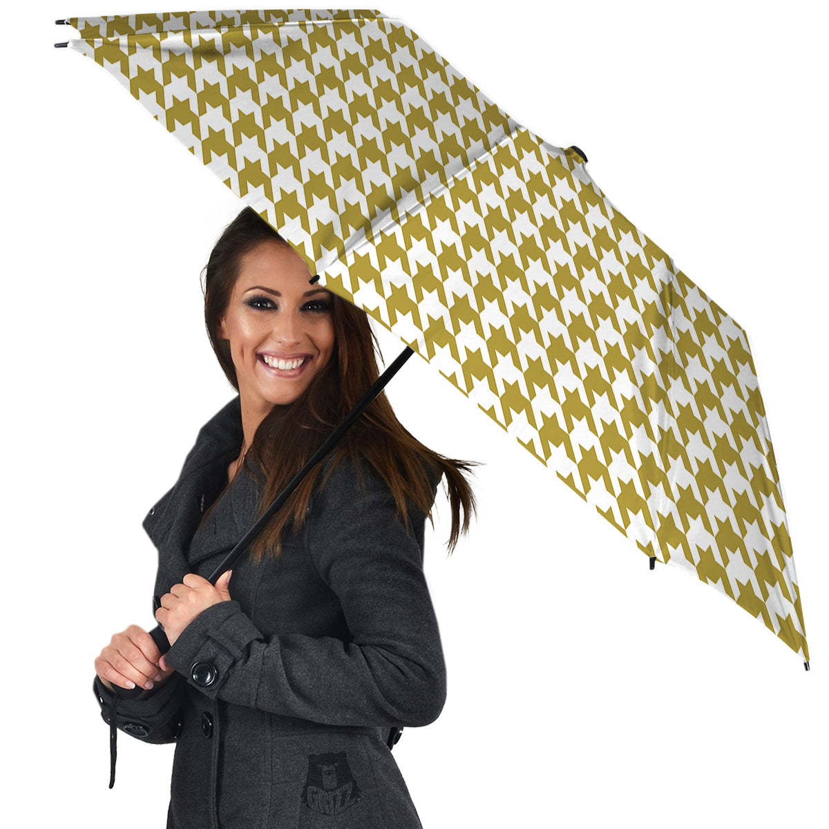 Gold Houndstooth Print Umbrella-grizzshop