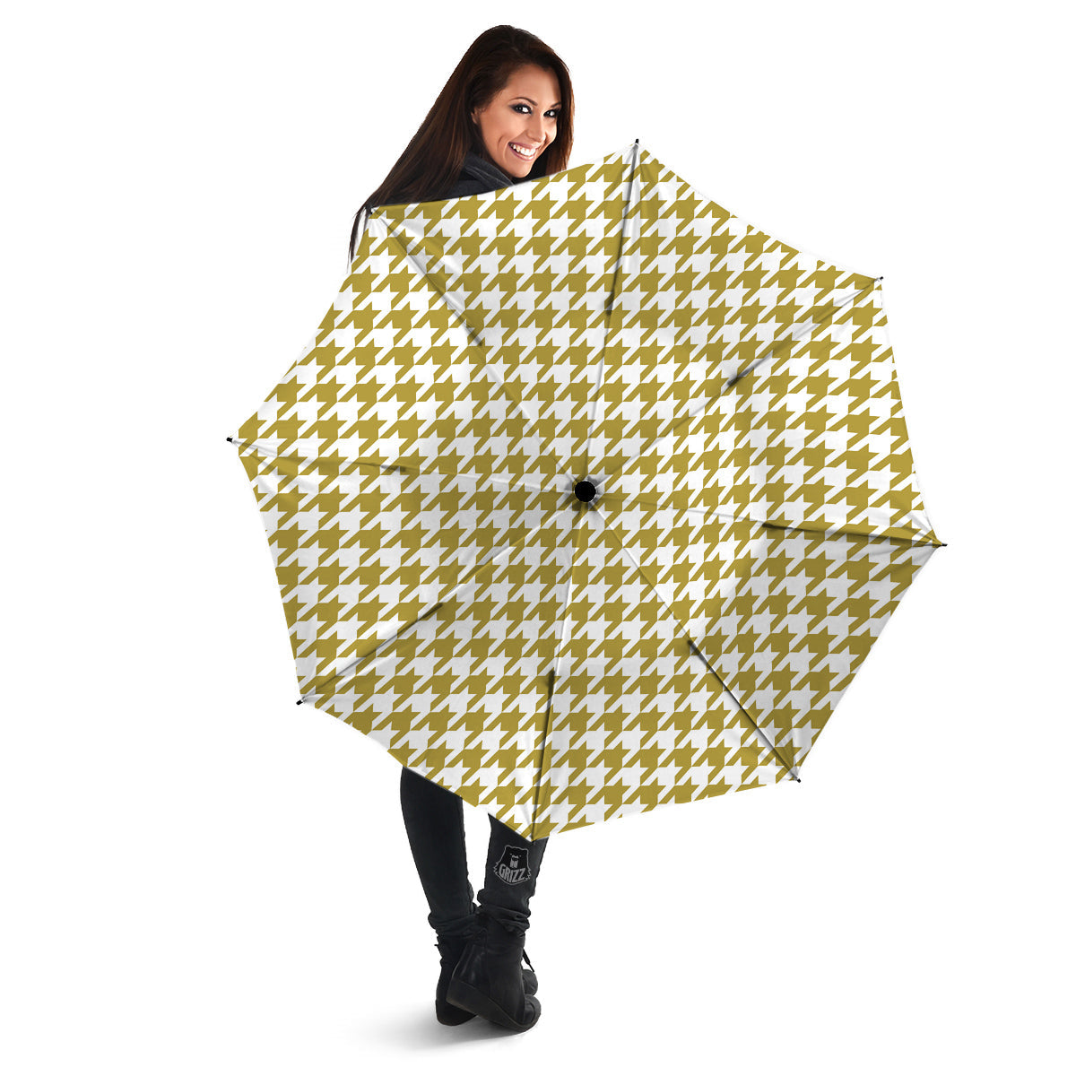 Gold Houndstooth Print Umbrella-grizzshop