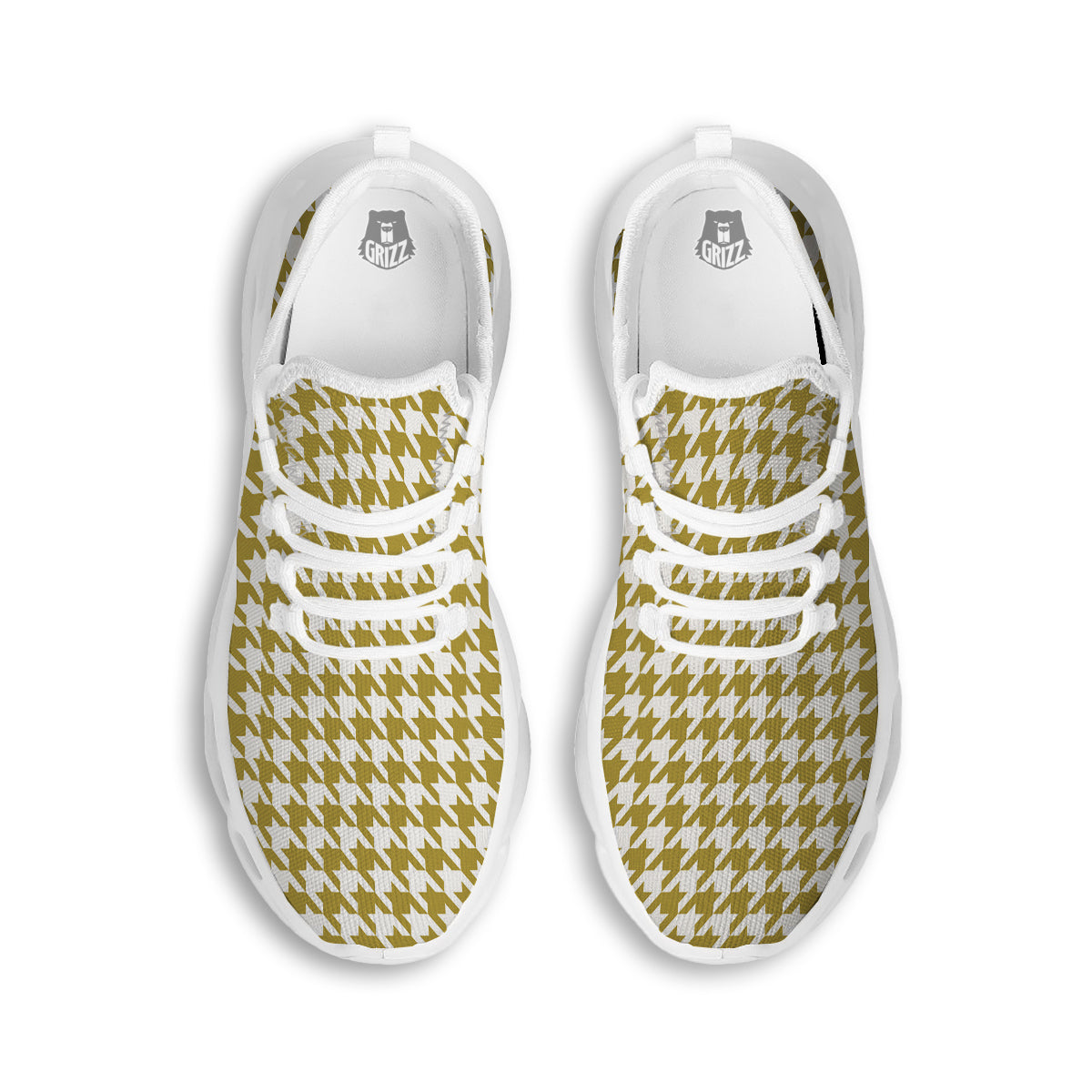 Gold Houndstooth Print White Running Shoes-grizzshop