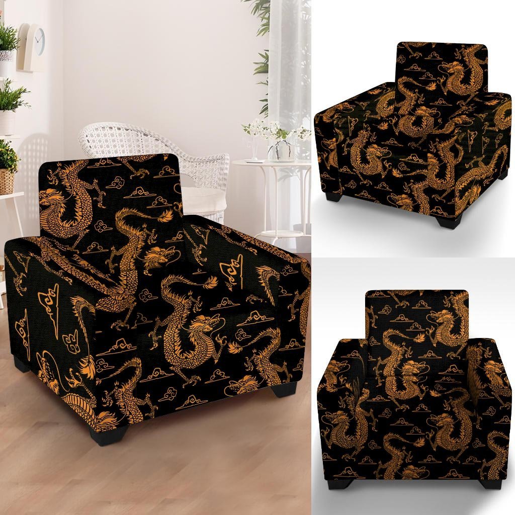 Gold Janpanese Dragon Print Armchair Cover-grizzshop