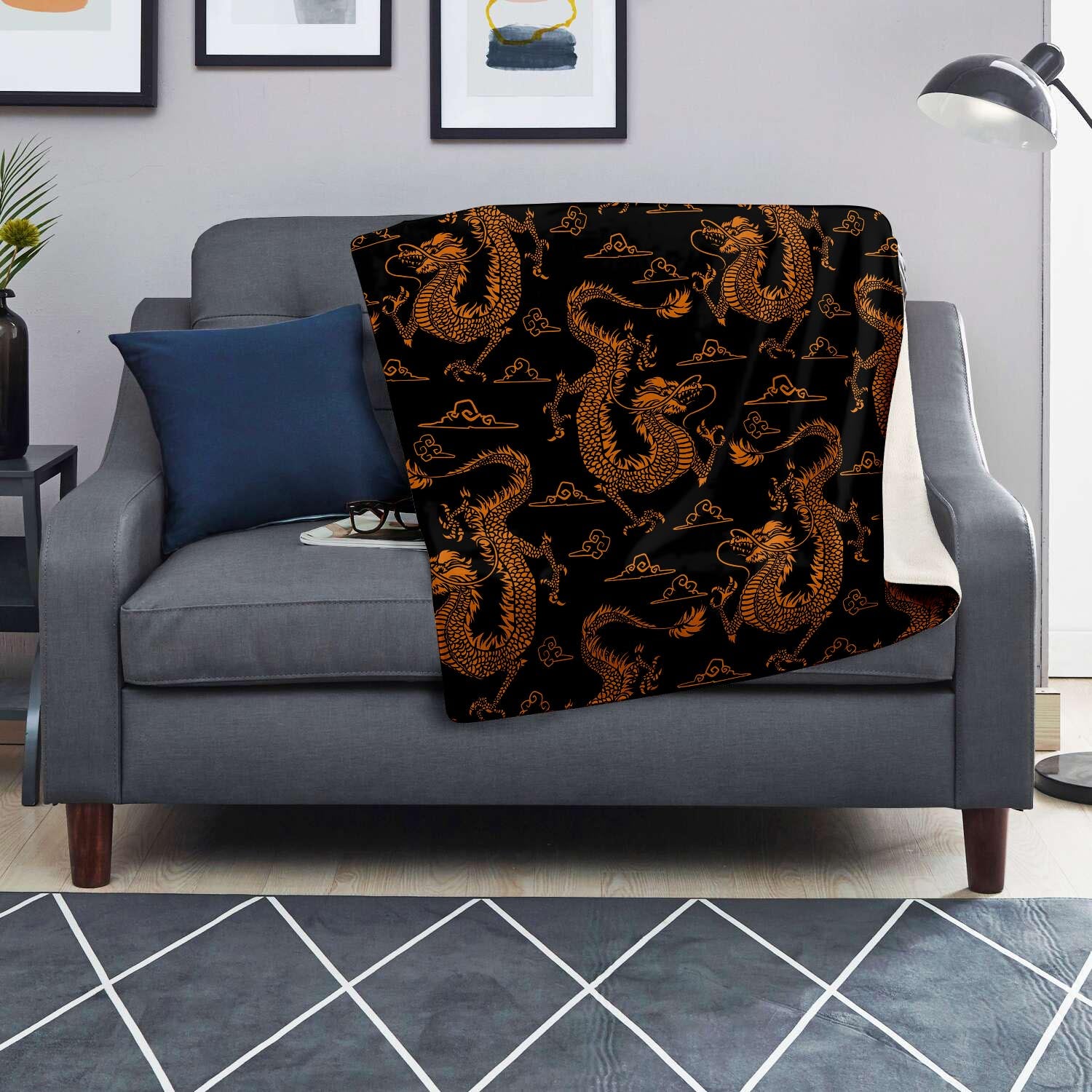 Gold Janpanese Dragon Print Blanket-grizzshop