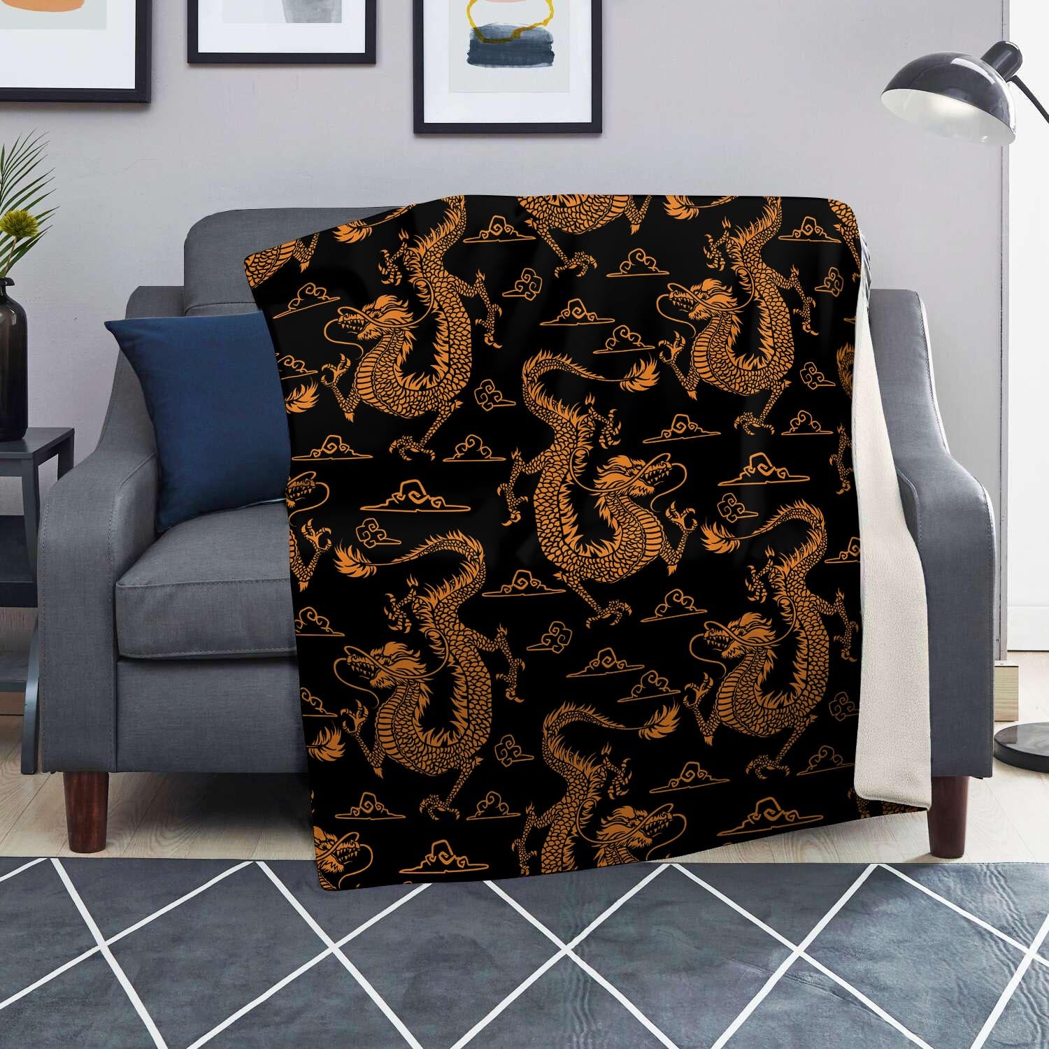 Gold Janpanese Dragon Print Blanket-grizzshop